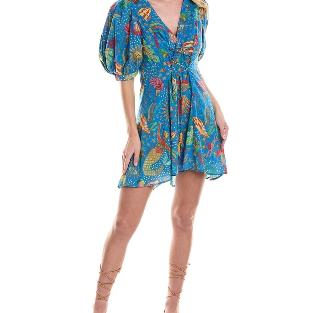 FARM Rio Blue Ocean Stories Print Cotton Mini Dress, Small